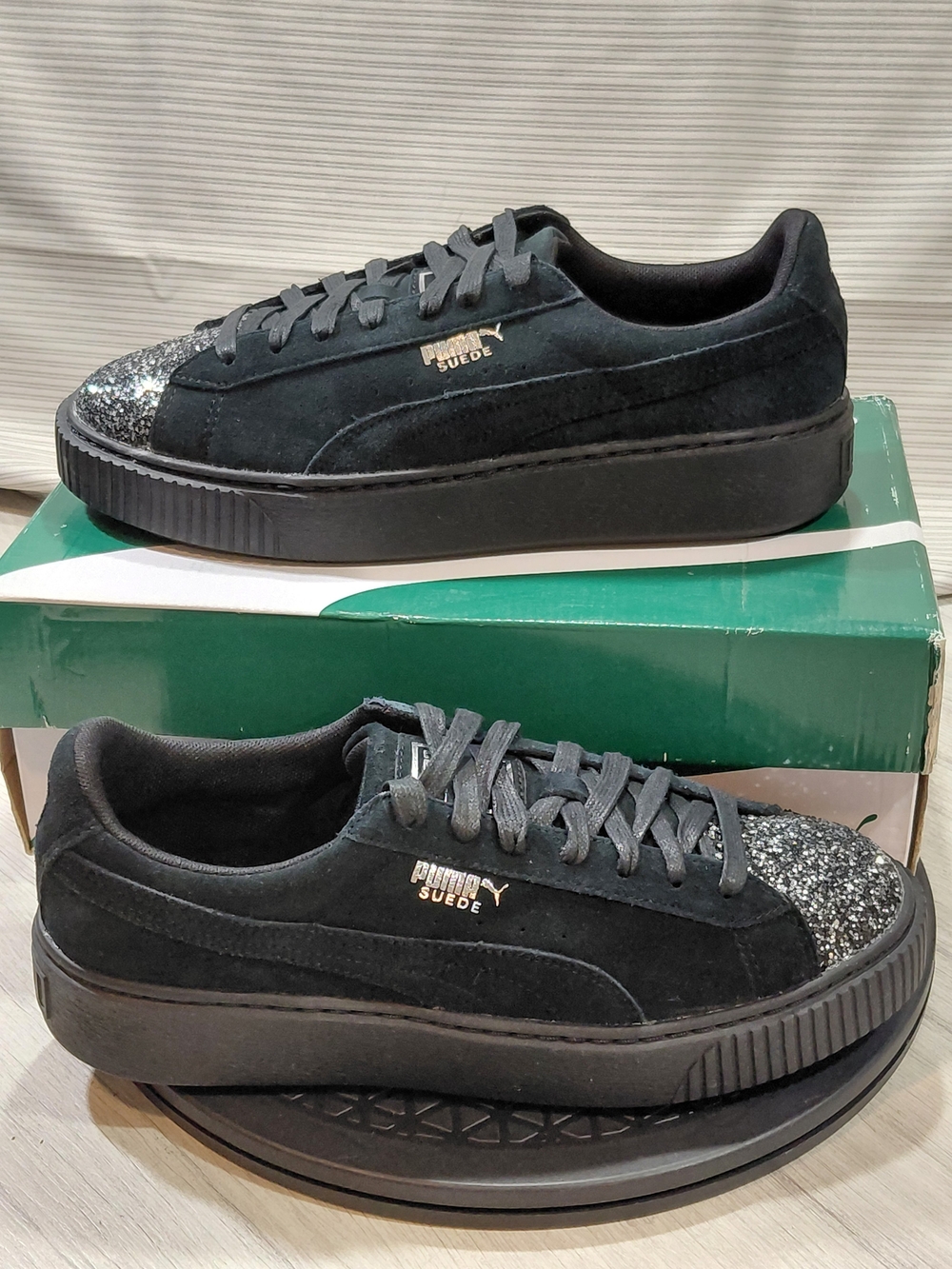 NEW PUMA Womens Suede Platform Crushed Gem Black Sneakers with Glitter Toe W10 - Picture 11 of 13